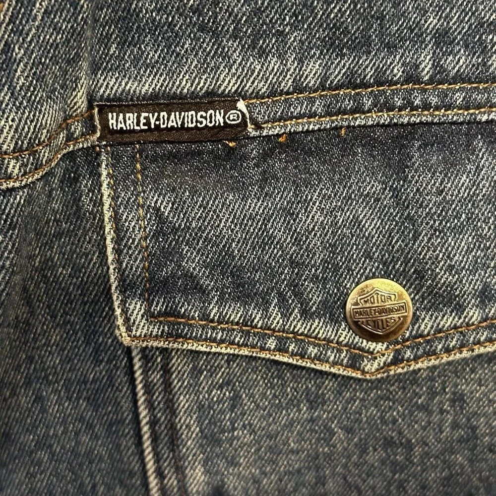 Harley-Davidson Mens Biker Denim Vest-3XL XXXL Snap Leather Patch Pockets‎ Core